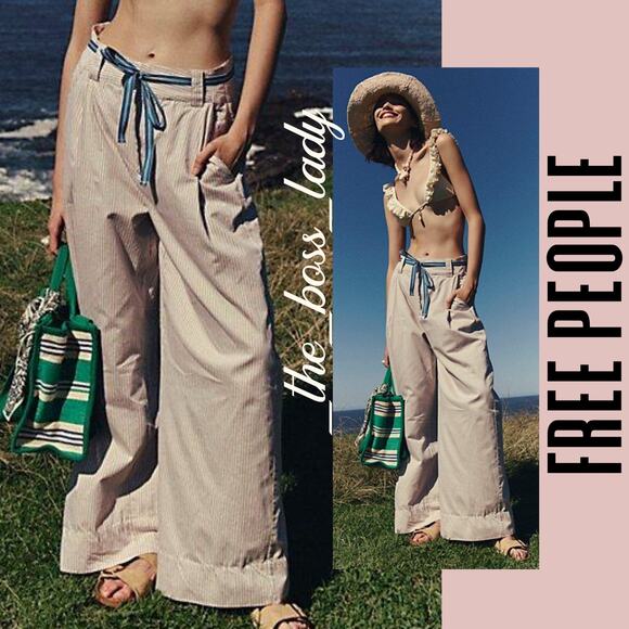 Free People wide-leg pants pleated striped trousers belted cotton 8 - Picture 1 of 10